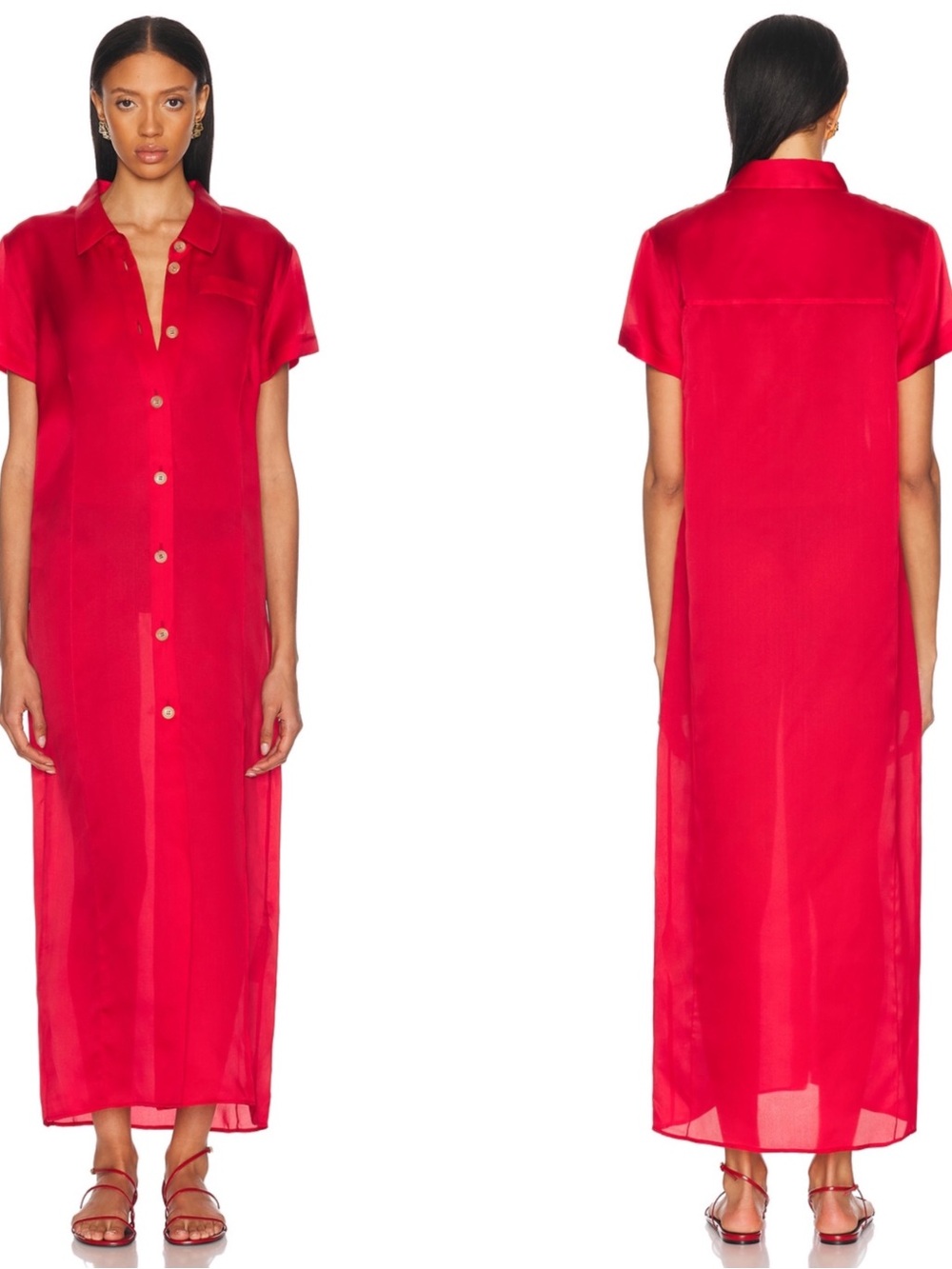 KHAITE Effy Silk Organza Button Down Red Midi Shirt Dress Size Medium